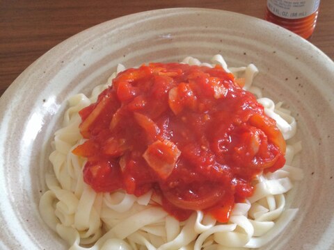 コンニャク麺で♪ヘルシートマトベーコンスパゲッティ